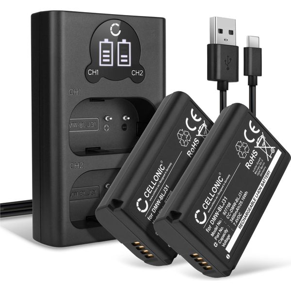 Cellonic, Batteria Per Fotocamera Compatibile Con Panasonic Lumix DC-S1R, DC-S1, DC-S1H, DMW-BLJ31 (7.4V, 3400Mah) 2 Pezzi + Doppio Caricabatterie-image