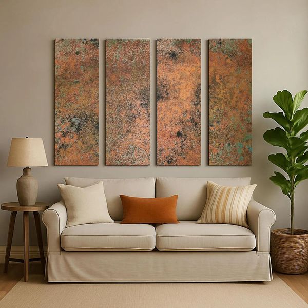 Copperandcraft, Arte Murale In Rame, Quadri Metallici In 4 Pannelli 120X90 Cm, Patina Ossidata Astratta, Decorazione Murale Rustica Realizzata A Mano-image