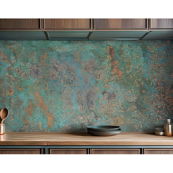 Copperandcraft Pannello Da Parete In Rame Patinato Turchese 90X60 Cm, Alzatina Da Cucina In Metallo Fatta A Mano, Pannello Alzatina, Decorazione Parete Bagno, Produzione Ue-image