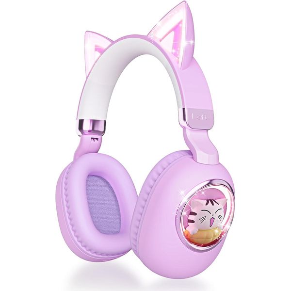 Cuffie Per Bambini Con Orecchie Da Gatto, Cuffie Over-Ear Bluetooth 5.4 A Cancellazione Di Rumore Con Microfono, Luce Led, Volume Di 85 Db Con Limitazione Del Cavo Da 3,5 Mm-image