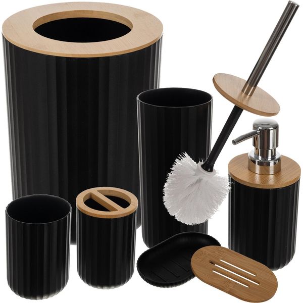 Set Da Bagno 6 Pezzi In 2 Varianti Di Colore Con Dispenser Per Sapone In Bambù Bicchiere Per Spazzolino Da Denti Portasapone Secchio Per Cosmetici Scopino 24635, Colore:Nero-image