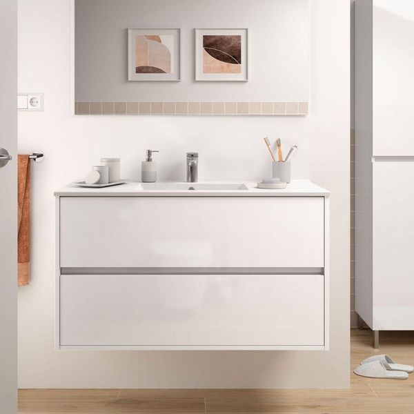 Mobile Bagno Sospeso Bianco Laccato Lucido 2 Cassetti 100X45X56H Claros100-image