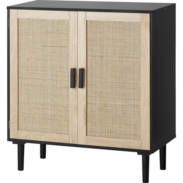 Vevor Mobile In Rattan Cassettiera In Rattan 1 Pz. Mobile Contenitore Con 2 Ante Magnetiche, Credenza Buffet Con Ripiani Regolabili-image