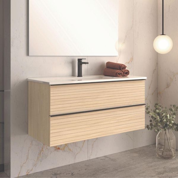 Mobile Bagno Sospeso Rovere Chiaro Effetto Cannettato Senda Con 2 Cassettoni 100X45.5X48H-image