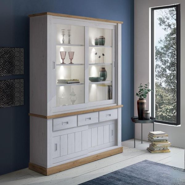 Cristalliera Colore Pino Bianco E Rovere 3 Cassetti E 4 Ante Scorrevoli Anthony67120 150X39,6X204H Pine Stile Shabby-image