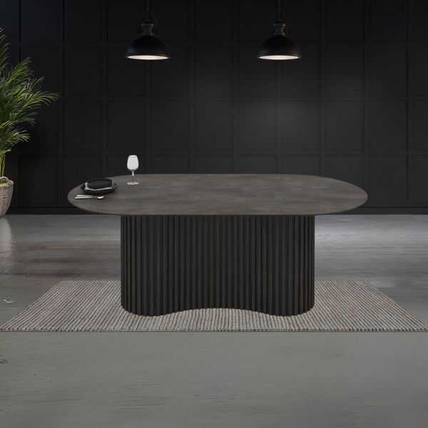 Tavolo Ovale Fisso Oscar Piano Effetto Marmo Ardesia Opaco E Base In Legno Cannettata 200X100X76H-image