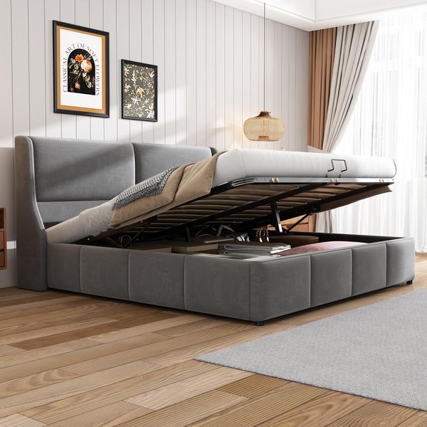 Letto Imbottito Flieks 180X200Cm Matrimoniale Con Rete A Doghe E Contenitore, Letto A Molle Idrauliche Letto Funzionale Letto Contenitore Letto In Velluto Senza Materasso-image