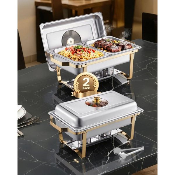 Set Scaldavivande In Acciaio Inox 2 Pezzi - 4 Contenitori A Metà - Set Scaldavivande Per Buffet-image