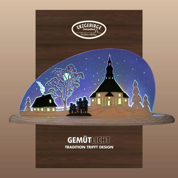 Lichterbogen Weigla "Led Seiffener Kirche, Dekolampe Aus Holz & Acrylglas, Made In Germany", Beige (Natur, Blau), B:47Cm H:22Cm T:8,2Cm, Holzwerkstoff, SchwibböGen, Erzgebirge Garantiert, Weihnachtsdeko Innen, Weihnachtsbeleuchtung-image