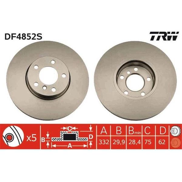 2X Disco Freno Trw DF4852S Per Bmw X5 (E70) X5 (F15 F85) X6 (E71 E72) 62Mm-image