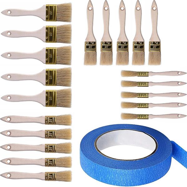 Rosfix Set Di 20 Pennelli In Setola Naturale + Nastro Per Pittori 40 Mm X 50 M – Varie Larghezze, Manico In Legno, Resistente Ai Raggi Uv-image