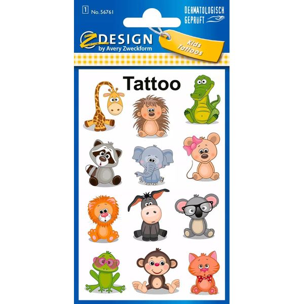 Avery Zweckform 56761 Zdesign Kids Tatuaggi Per Bambini "Koala, Rana, Giraffa"", Colorati"-image