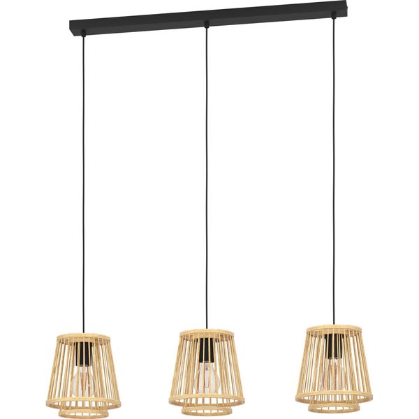 Eglo Hykeham Lampada A Sospensione, Lampada A Sospensione Per Tavolo Da Pranzo A 3 Luci, Lampada Per Sala Da Pranzo In Legno Con Paralume In Bambù Naturale, Lampada A Sospensione Con Attacco E27-image