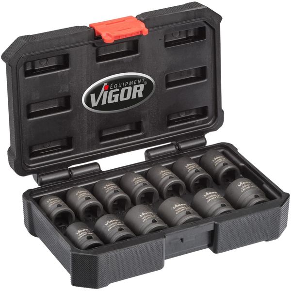 Vigor V5550S Set Di Chiavi A Bussola ∙ Corte ∙Quadro Cavo Da 1/2 Pollice (12,5 Mm) ∙ Profilo Esagonale Esterno ∙ 10 - 24 ∙ Numero Di Utensili: 13-image