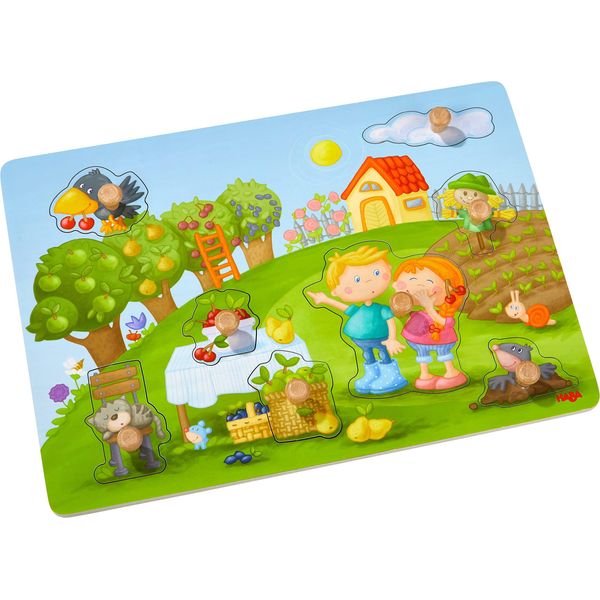 Haba 304430 - Puzzle Del Frutteto, Puzzle Di 8 Pezzi In Legno Con Motivi Naturalistici E Manopole In Legno Grandi E Facili Da Afferrare, Giocattolo In Legno A Partire Da 12 Mesi-image