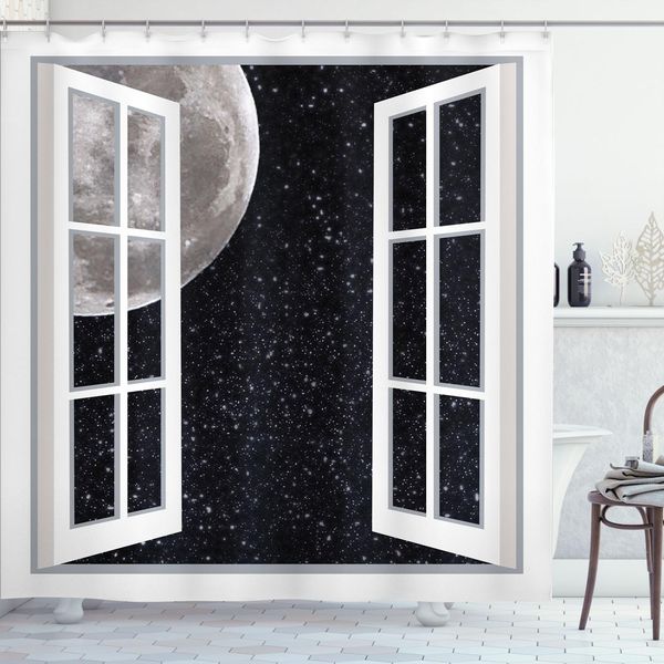 Abakuhaus Tenda Da Doccia Spaziale, Finestra Sullo Spazio Decorazioni A Tema Illustrazione Con Luna E Stelle, 175 X 180 Cm, Nero Bianco Grigio-image
