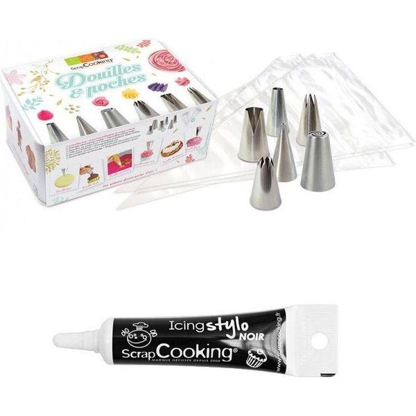 Scatola Da Pasticceria Con 6 Beccucci In Acciaio Inox E Sac à Poche + Penna Per Glassa Nera-image
