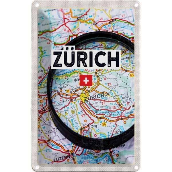 Vianmo Insegna Di Latta 18X12 Cm ZüRich Schweiz Karte Lupe Stadt-image