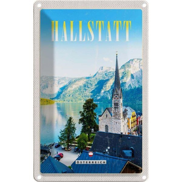 Vianmo Insegna Di Latta 18X12 Cm Hallstatt ÖSterreich Berge Kirche-image