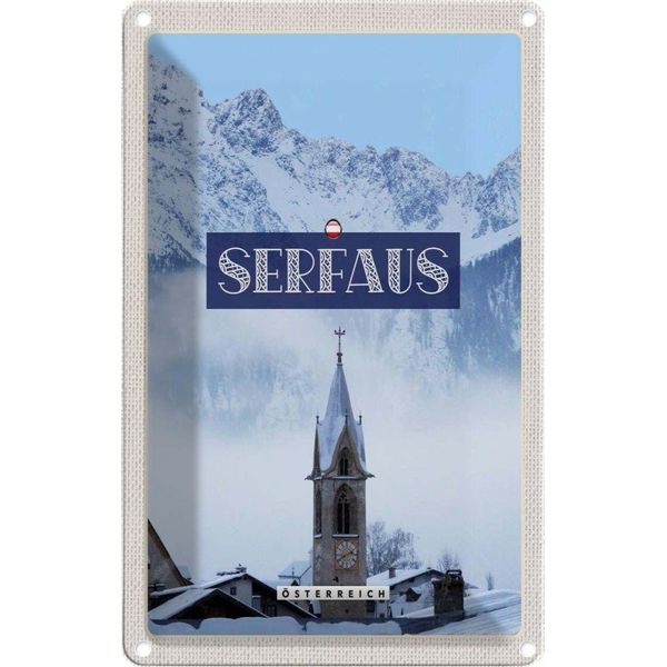 Vianmo Insegna Di Latta 18X12 Cm Serfaus Schnee Berge Kirche Winter-image
