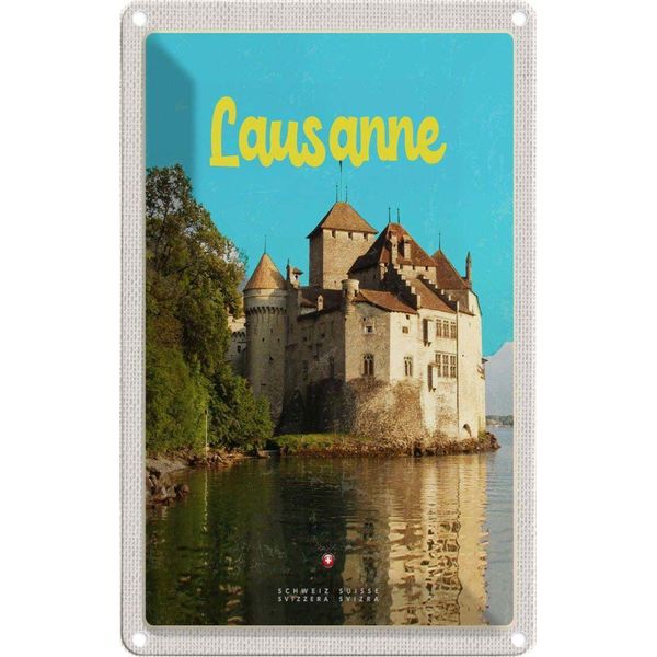 Vianmo Insegna Di Latta 18X12 Cm Lausanne Schloss See Schweiz Reiseziel-image