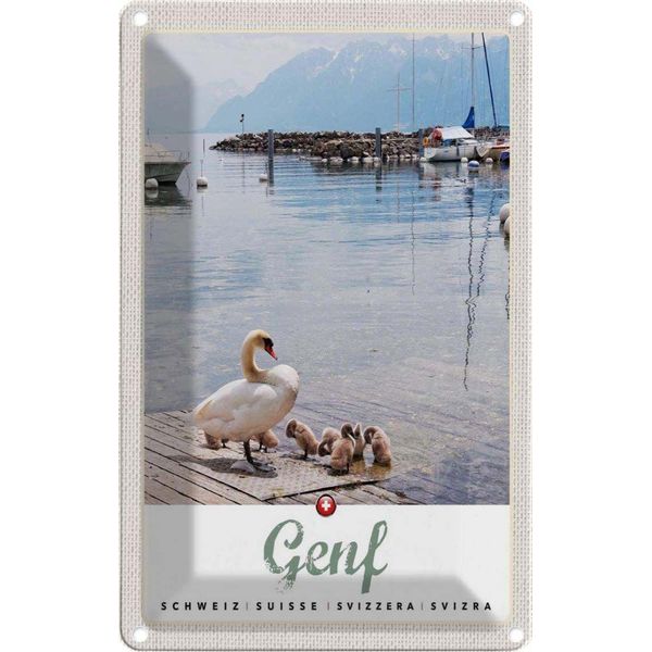 Vianmo Insegna Di Latta 30X20 Cm Genf Ente See Boot Natur Berge-image