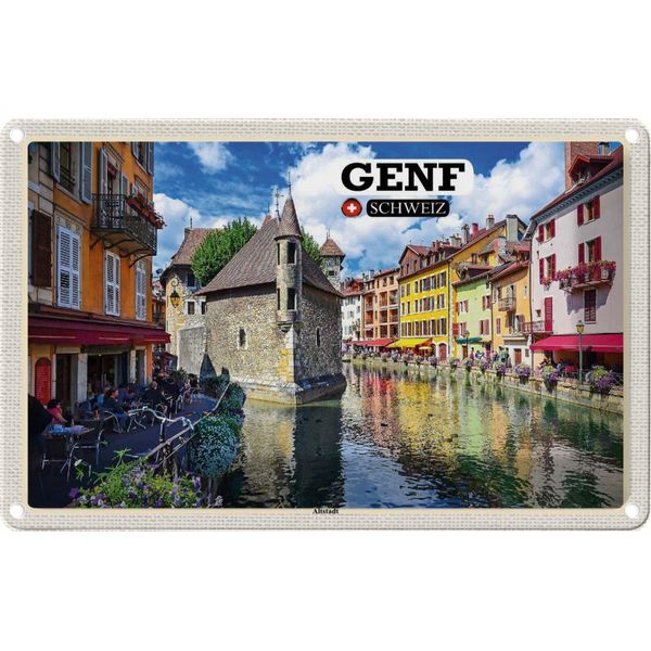Vianmo Insegna Di Latta 20X30 Cm Genf Schweiz Altstadt Fluss-image