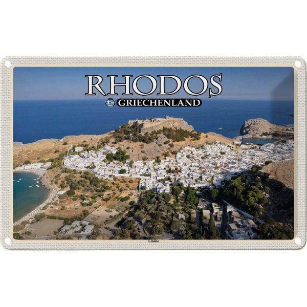 Vianmo Insegna Di Latta 20X30 Cm Rhodos Griechenland Lindos Stadt Meer-image