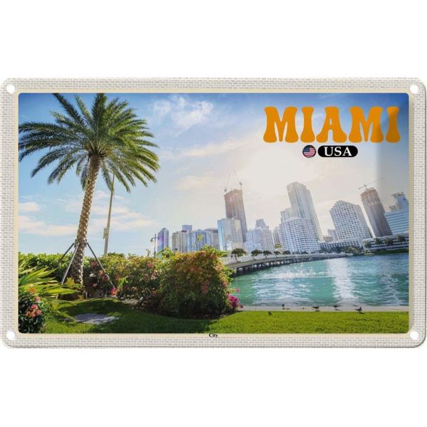 Vianmo Insegna Di Latta 20X30 Cm Miami Usa City Stadt Meer Palme-image