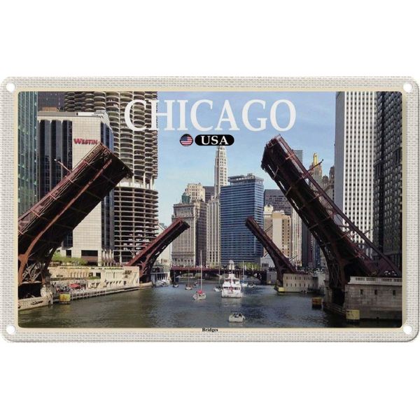 Vianmo Insegna Di Latta 12X18 Cm Chicago Usa Bridges BrüCken Fluss-image
