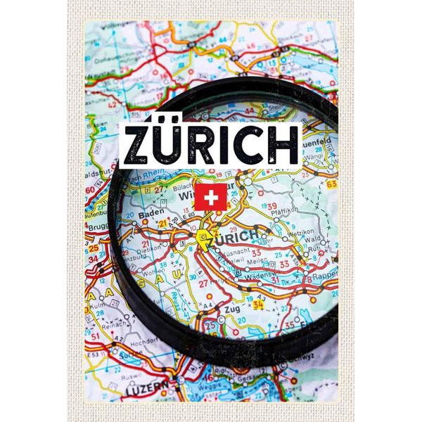 Vianmo Insegna In Legno 30X20 Cm ZüRich Schweiz Karte Lupe Stadt-image