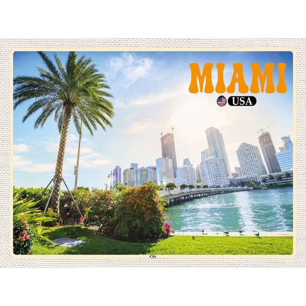 Vianmo Insegna In Legno 30X40 Cm Miami Usa City Stadt Meer Palme Urlaub-image