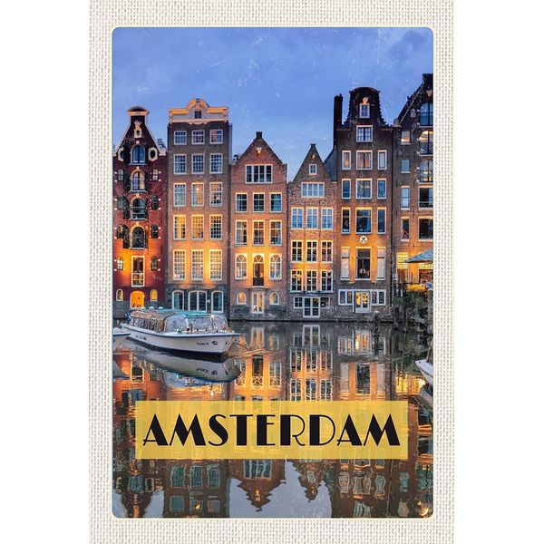 Vianmo Insegna In Legno 18X12 Cm Amsterdam Bei Nacht Reiseziel-image