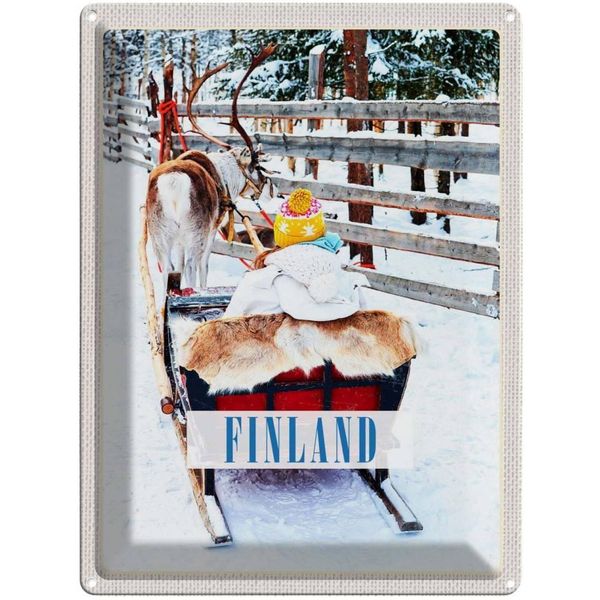 Vianmo Insegna Di Latta 40X30 Cm Finnland Schnee Kind Hirsch Schlitten-image
