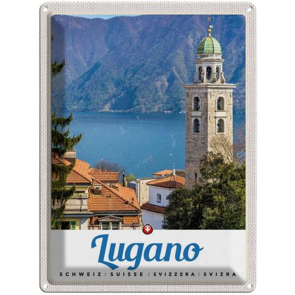 Vianmo Insegna Di Latta 40X30 Cm Lugano Schweiz See Kirche Gebirge-image
