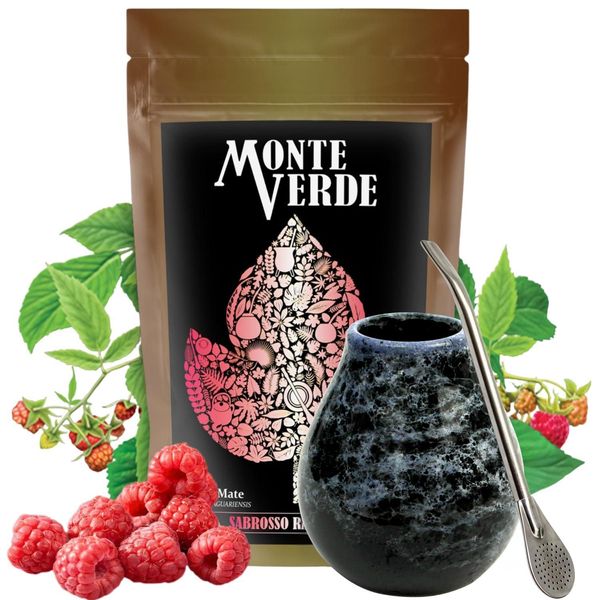 Set Di Tè Yerba Mate Brasiliano - Tè Monte Verde Sabrosso Al Lampone 500G - Mug In Ceramica Marmol 350Ml - Bombilla 19Cm-image