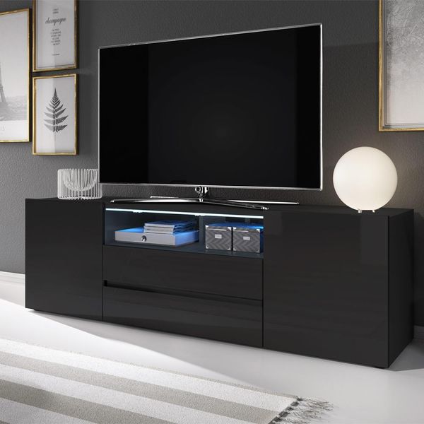 Tavolino Tv Selsey Bros - Tavolo Tv In Nero Opaco / Nero Lucido Con Illuminazione Led, Larghezza 137 Cm-image