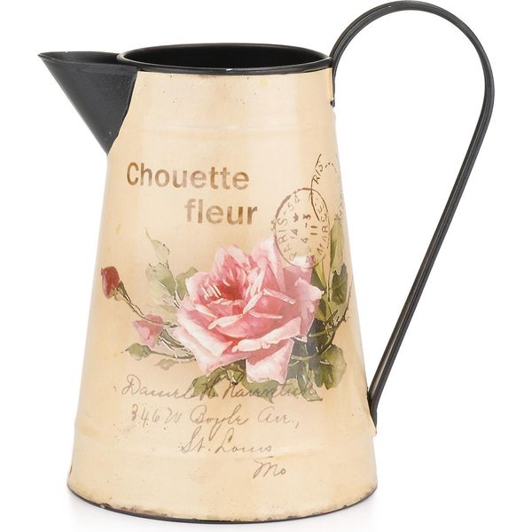 Vaso Decorativo Di Latta In Metallo Con Manico E Beccuccio, Motivo Decorativo Vintage Retro Cartolina Con Rose-image