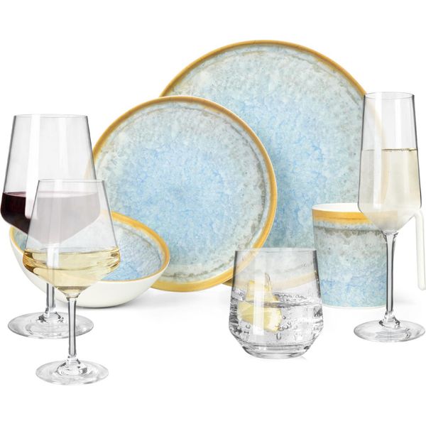 Set Di Stoviglie Da Campeggio In Melamina 4 Persone Crystal Blue + 16 Bicchieri Milano Bicchieri Da Acqua Bicchieri Da Vino Bicchieri Da Champagne FlûTes Servizio Da Tavola Picnic Bbq Cookware-image