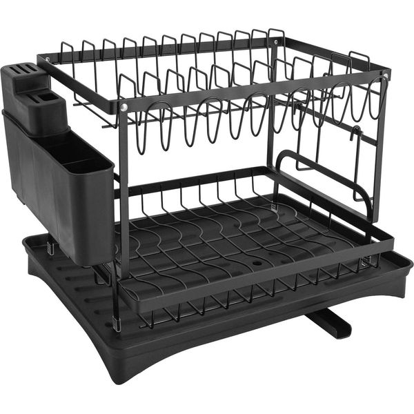 Scolapiatti - 2 Livelli - Acciaio - Vaschetta Con Scarico - Portaposate - Ganci - Per Piano Di Lavoro Della Cucina - Nero-image
