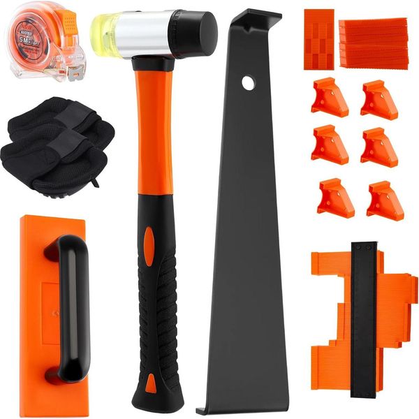 Set Per La Posa Di Pavimenti - 107 Pezzi - Per Laminato E Parquet - 100 Cunei Distanziatori - Martello - Martello Di Gomma - Blocco Di Battuta - Metro A Nastro - Arancione-image