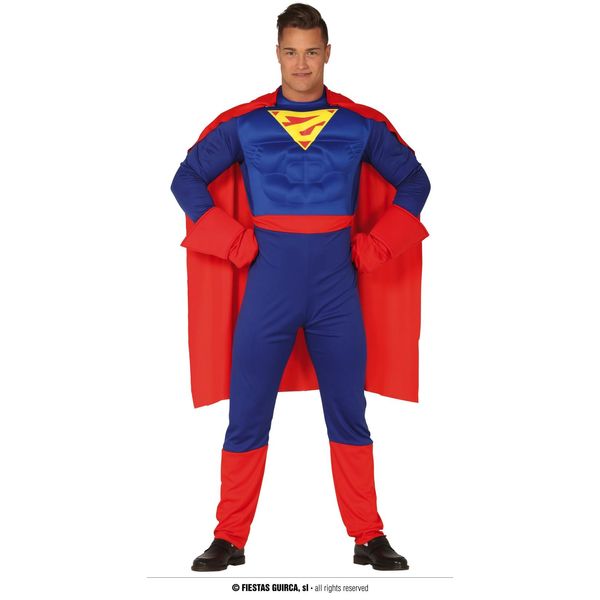 Costume Di Carnevale Supereroe Muscolo Tuta Figura Avventura Capo Potente Eroe Collant Rosso Blu, Taglia: 48 - 50 (M) Colore: Blu-image
