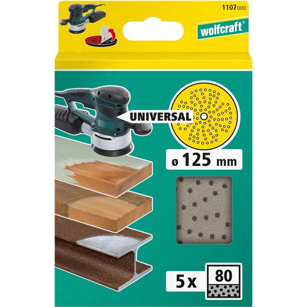 Disco Di Levigatura Multiforo Per Levigatrici Rotorbitali Wolfcraft 1107000 Ø 125 Mm 80 G 5 Pezzi-image