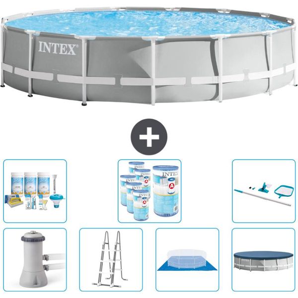 Piscina Intex Round Prism Frame - 457 X 107 Cm - Grigio - Inclusa Pompa - Scaletta - Telo Di Fondo - Pacchetto Manutenzione Copertura - Filtro - Kit Pulizia-image
