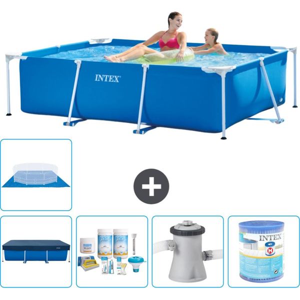 Piscina Intex Con Struttura Rettangolare - 220 X 150 X 60 Cm - Blu - Include Copertura - Pacchetto Manutenzione - Pompa Filtro Per Piscina - Filtro - Copertura Del Suolo-image