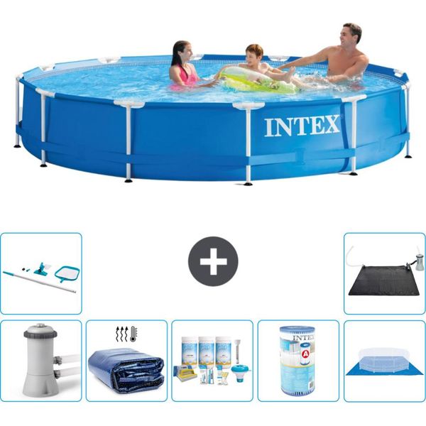 Piscina Intex Con Struttura Rotonda - 366 X 76 Cm - Blu - Pompa Inclusa - Tenda Da Sole - Pacchetto Manutenzione - Filtro - Telo Di Fondo - Kit Di Pulizia - Tappeto Solare-image