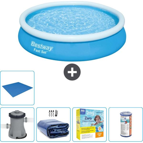 Piscina Gonfiabile Rotonda Bestway Fast-Set - 366 X 76 Cm - Blu - Pompa Inclusa - Tenda Da Sole - Pacchetto Manutenzione - Filtro - Telo Di Protezione-image