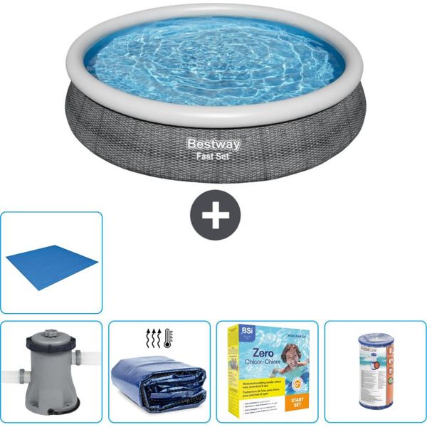 Piscina Gonfiabile Rotonda Bestway A Presa Rapida - Stampa Rattan - 366 X 76 Cm - Inclusa Pompa - Tenda Da Sole - Pacchetto Manutenzione - Filtro - Telo Di Protezione-image