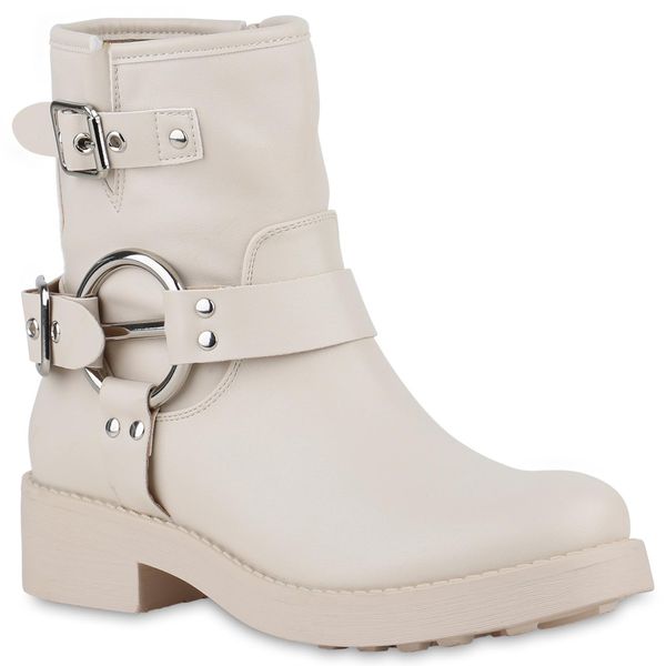 Van Hill Donna Stivali Biker Leggermente Foderati Fibbie Rivetti Scarpe 840843, Colore: Beige, Taglia: 36-image