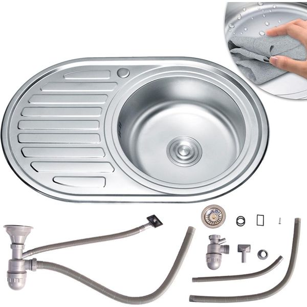 Lavello In Acciaio Inox Da 77 Cm Lavello Da Incasso Con Vasca Rotonda Lavello + Ripiano Lavello Da Cucina Vasca Lavello-image